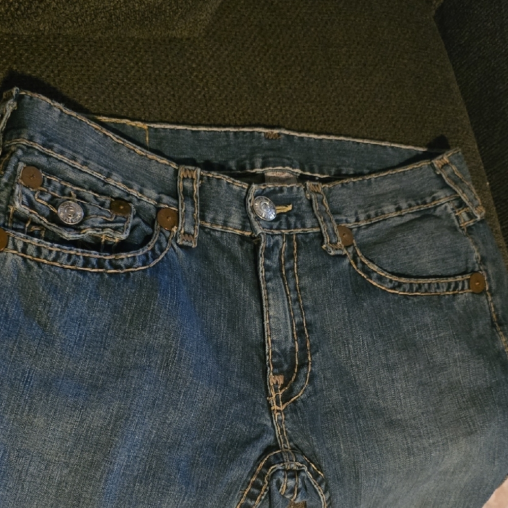 True Religion Blue Denim Wide-Leg Jeans with Embroidered Pockets - Picture 3 of 5